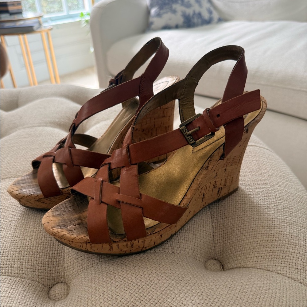 Guess Brown Leather Cork Wedge Sandals
